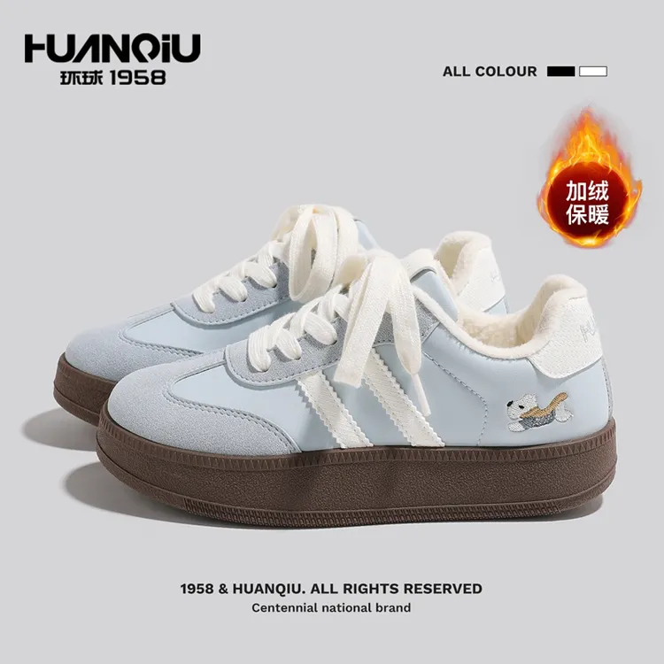环球冬季加绒保暖德训鞋小众厚底校园小白鞋女学生百搭休闲板鞋