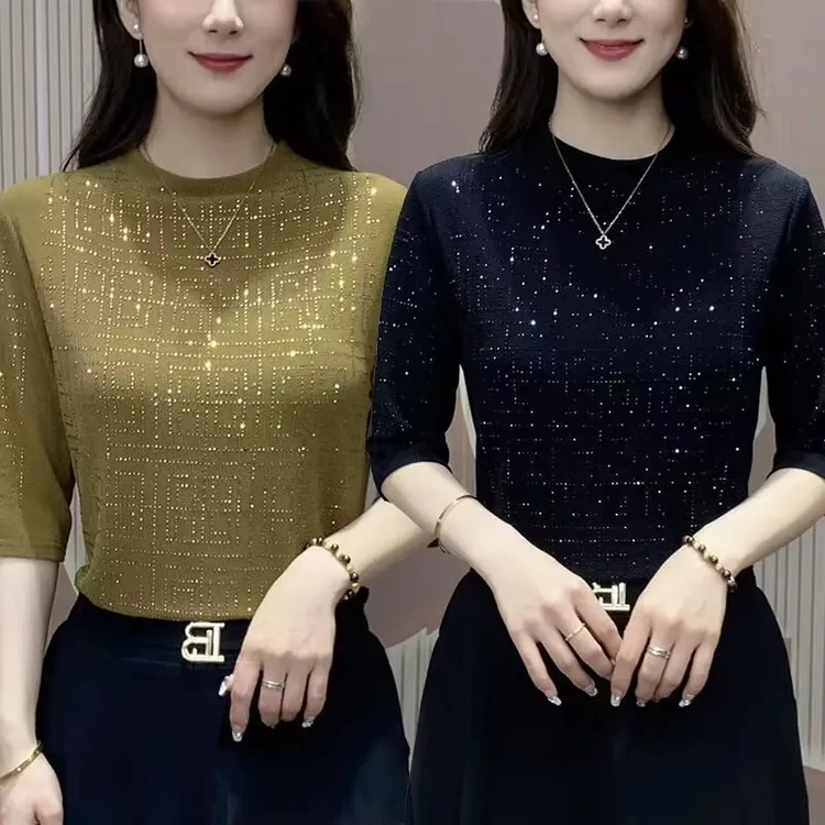内搭圆领显瘦网红烫钻中袖百搭妈妈春秋抗皱T恤女