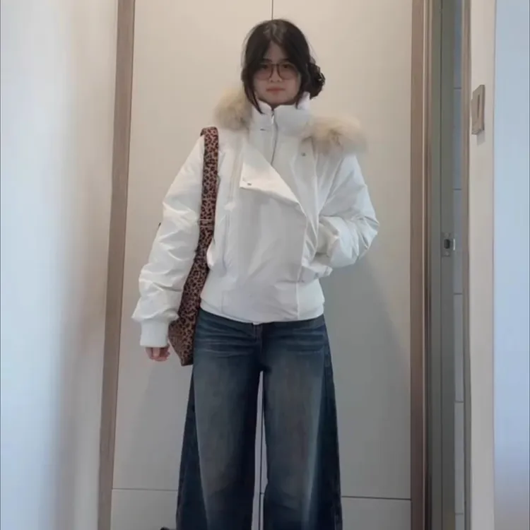 美式白色连帽毛领短款羽绒棉服女冬季2025新款保暖加厚外套面包服