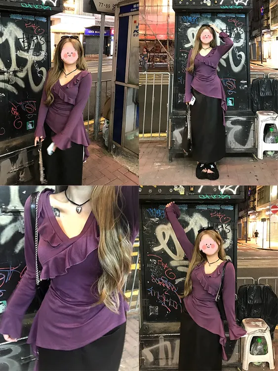 微胖大码胖mm显瘦辣妹不规则上衣秋季纯欲风荷叶边V领长袖上衣女