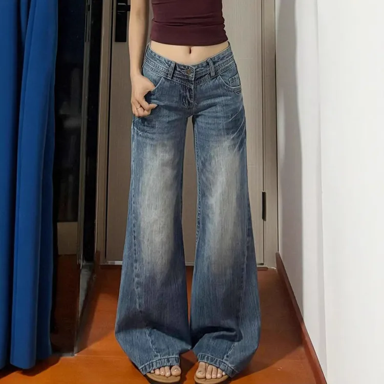小个子美式辣妹复古不贴腿微喇牛仔裤女低腰显瘦直筒拖地长裤女装