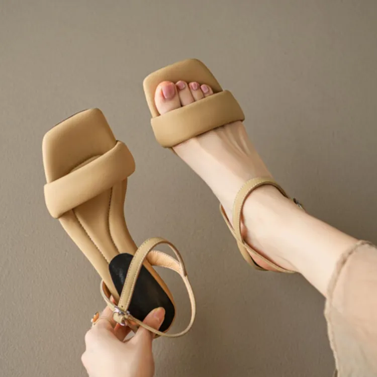 UHCK法式晚风细跟一字带凉鞋女士夏舒适软底踩屎感超绝洋气时尚高