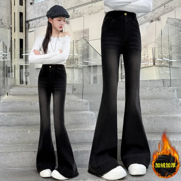 秋冬女童加绒裤子黑色牛仔裤9-15岁冬季大童初中生弹力休闲喇叭裤