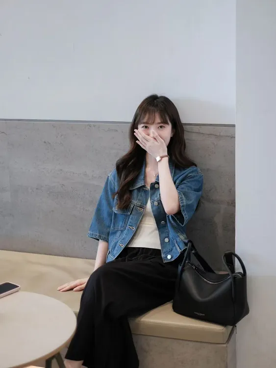 2025早秋新款韩系简约复古短袖牛仔外套百搭吊带气质休闲裤套装