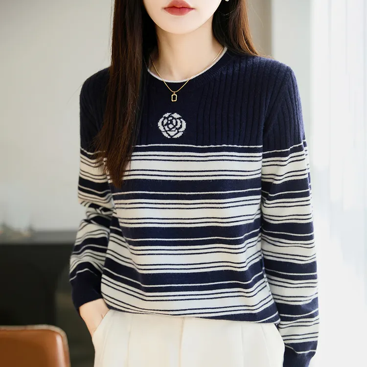 哥弟阿玛施正品新款条纹小花刺绣针织衫2025冬季时尚洋气长袖上衣
