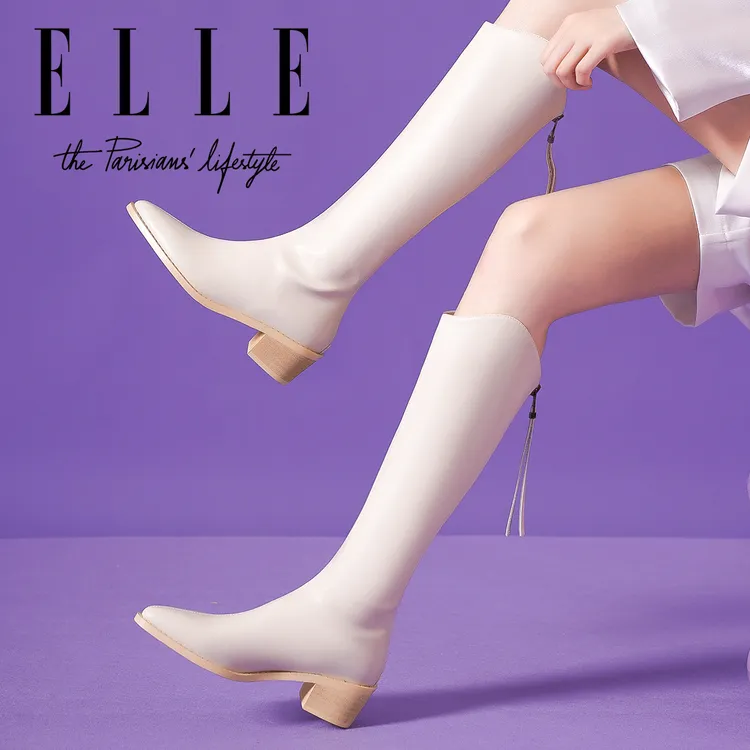 ELLE尖头高跟靴子女2025新款秋季骑士靴白色长筒靴冬季加绒高筒靴