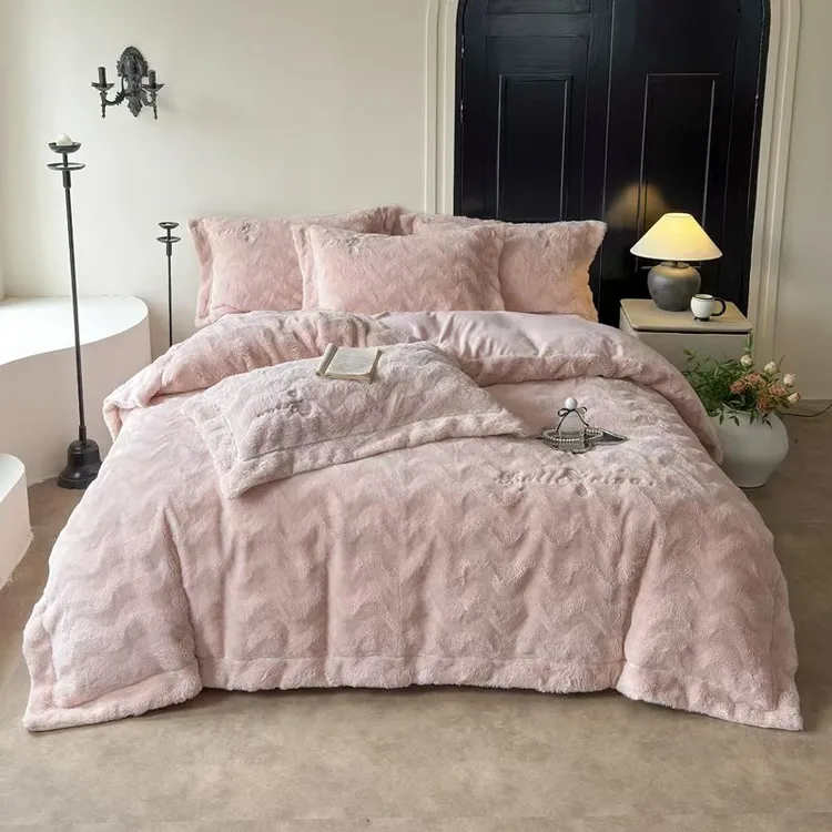 2025冬季新款澳洲进口兔毛保暖床品四件套简约双面兔毛