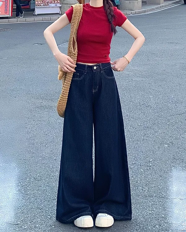 小个子美式丹宁复古阔腿牛仔裤时尚设计感高腰薄款宽松垂感拖地裤