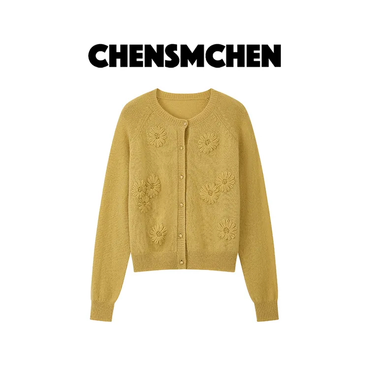 CHENSMCHEN 绵羊毛圆领长袖针织衫女时尚休闲百搭开衫CSZ6669YW