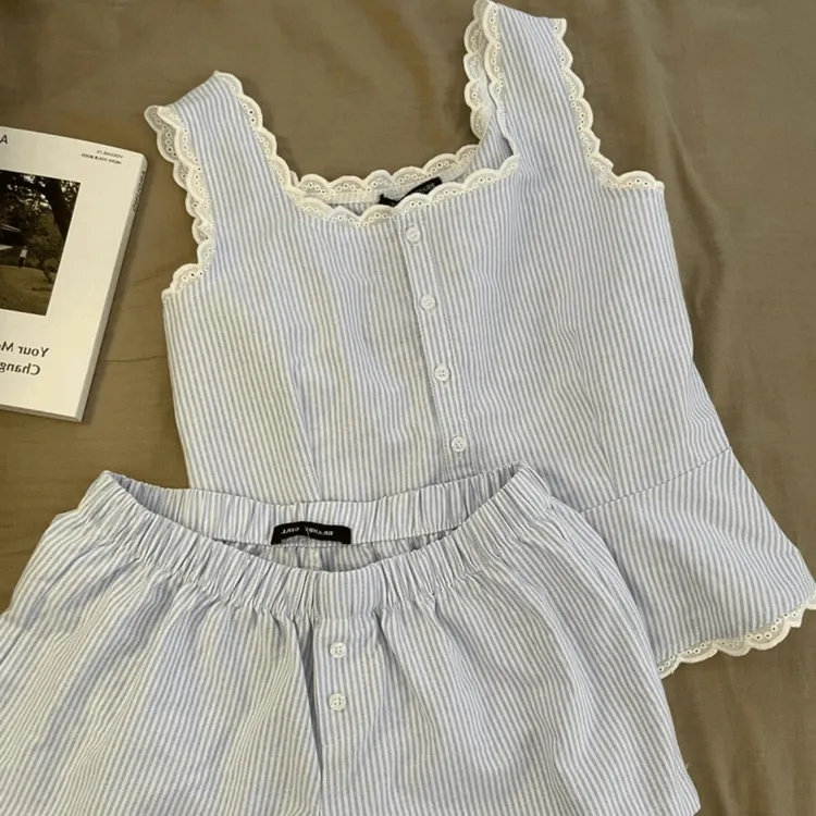 视频爆款少女甜美蕾丝花边吊带睡衣新款背带短裤云朵棉套装家居服