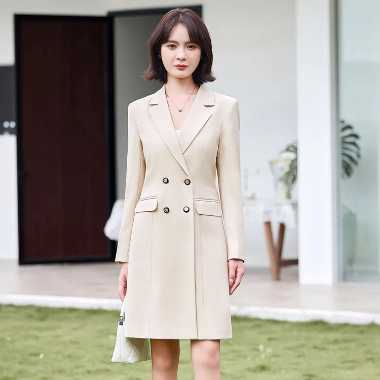 杏色长袖西装连衣裙女2025新款秋冬中长款OL高级感气质职业背心裙