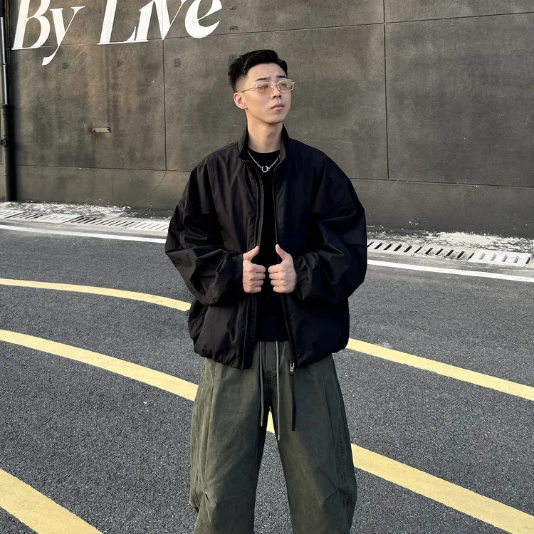 【叁秋】秋季新款美式休闲痞帅高街弯刀袖阔型百搭设计夹克短板外套