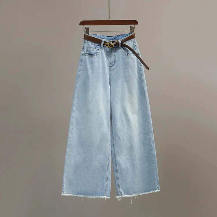 浅蓝色复古高腰直筒牛仔裤女2025夏季新款宽松休闲九分阔腿拖地裤