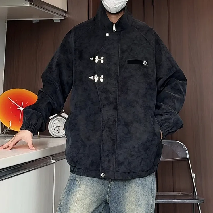 长款宽松型痞帅皮衣立领复古风秋季扎染常规男士休闲潮流港风ins