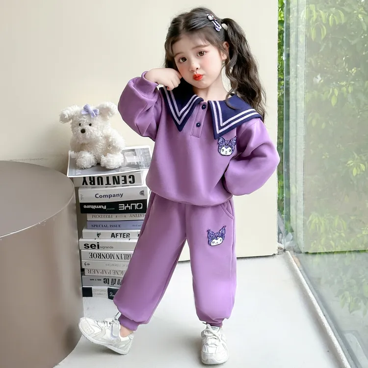 女童套装2025新款秋冬宝宝儿童装洋气库洛米海军领加绒加厚两件套