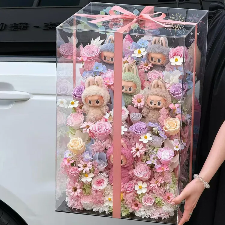 情人节礼物永生花盒高端拉布布labubu玩偶真花玫瑰摆件送闺蜜女生
