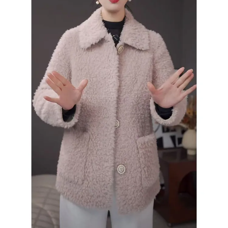 海宁2025年女款流行外套秋冬新款毛毛外套羊剪绒上衣羊羔毛外套