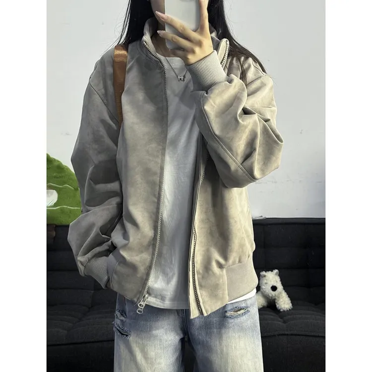 灰色美式扎染皮衣外套男秋季cleanfit飞行员夹克立领设计感棒球服