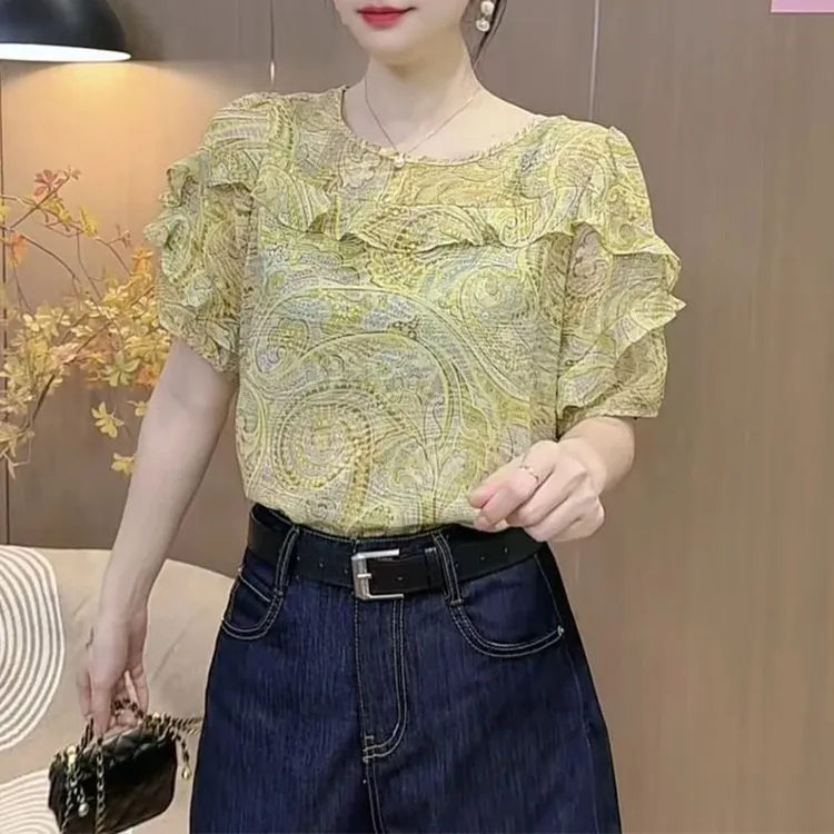 2025夏季新款洋气减龄显瘦印花短袖衬衫女时尚百搭设计感上衣小衫