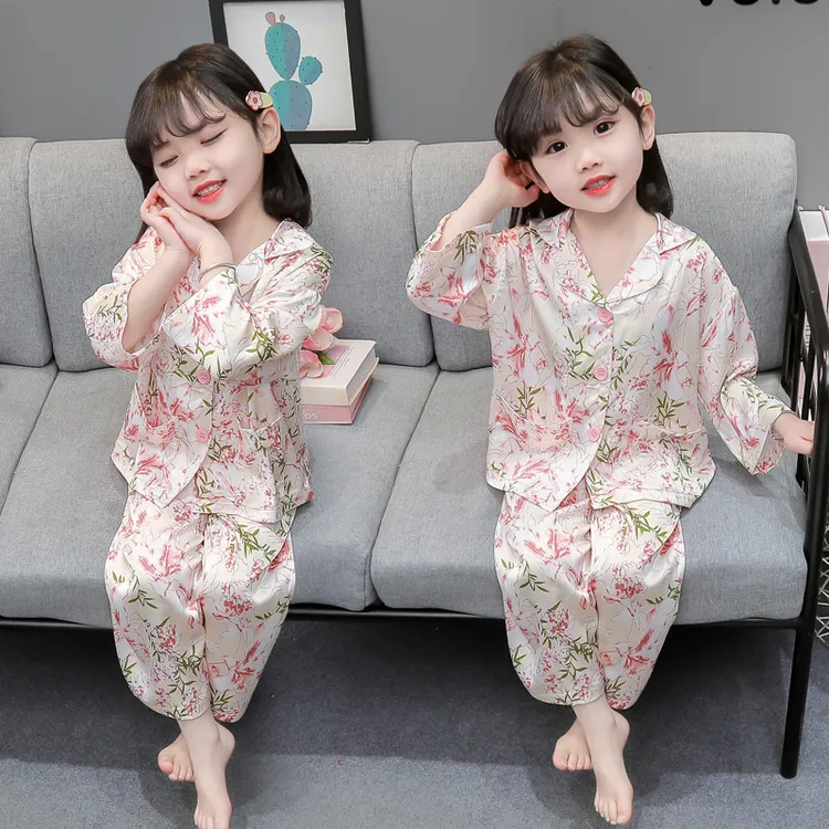 女童睡衣春秋薄款3女孩长袖冰丝碎花套装6儿童夏季缎面空调家居服
