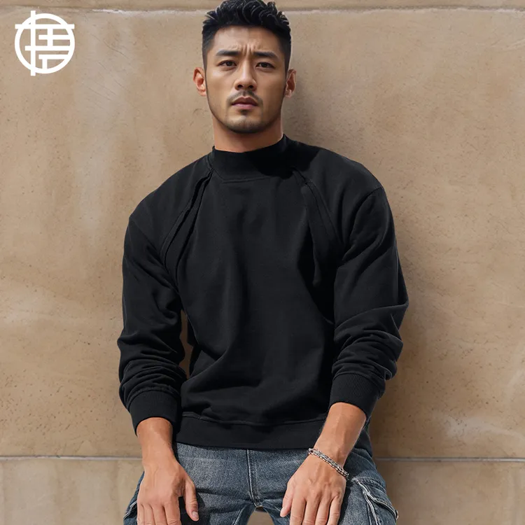加厚重磅纯棉保暖半高领卫衣男士宽松纯色个性拼接长袖T恤秋冬季