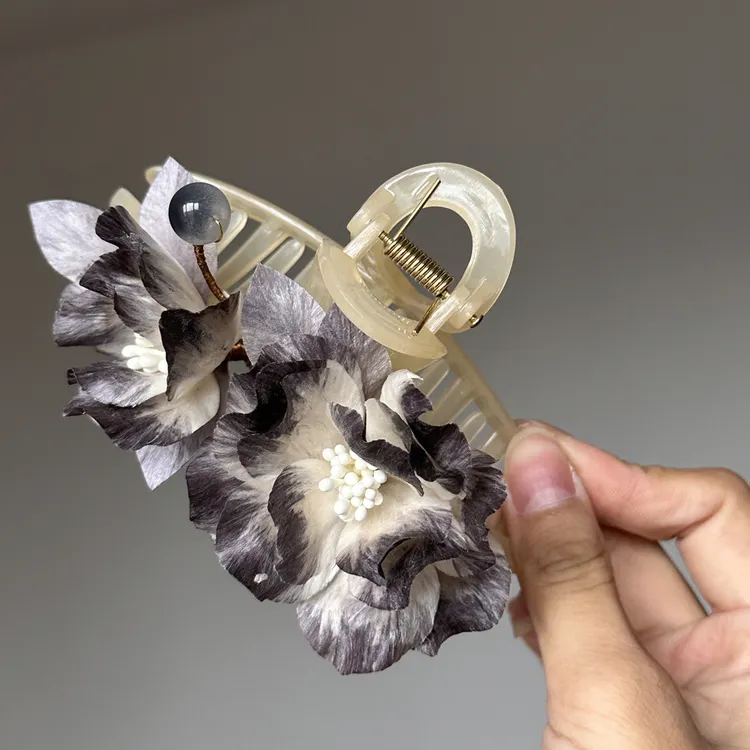 非遗绒花发簪  水墨黑白抓夹 单面