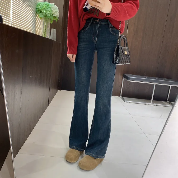 IMFLY金小金自制女装 加绒牛仔裤DYK2915秋冬修身显瘦微喇牛仔裤