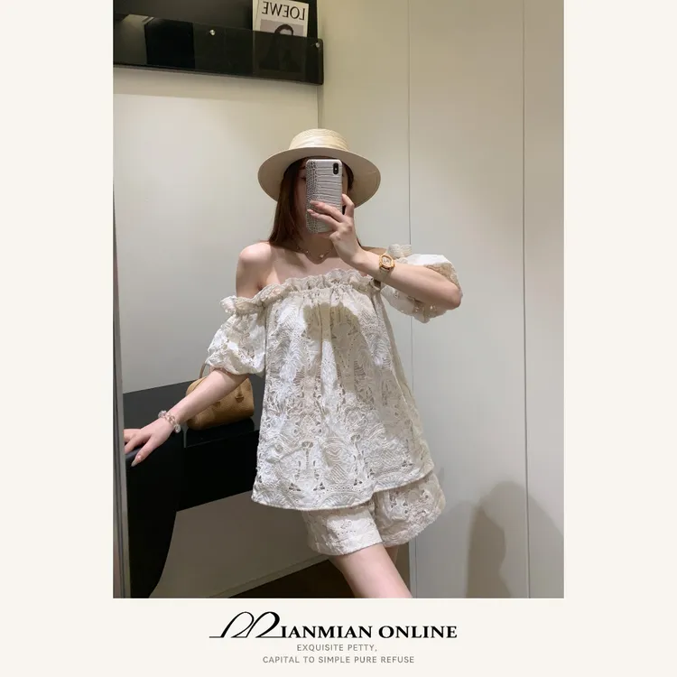 MIANMIANONLINE“青池”夏季老钱风上衣一字肩休闲时尚短裤套装1188