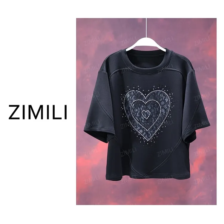 【亮哥女装】2025欧版暗夜黑蕾丝贴布绣烫钻时尚短袖9832