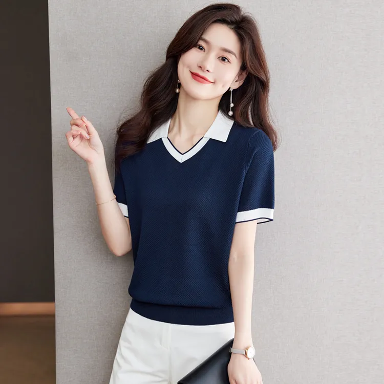 哥弟阿玛施正冰丝短袖T恤女针织衫妈妈装夏季薄款翻领桑蚕丝上衣