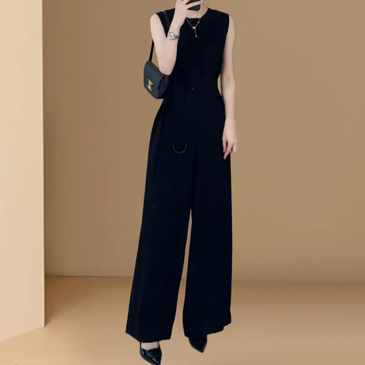 法式轻奢设计感圆领无袖时尚连体裤女2025夏季新款收腰显瘦直筒裤