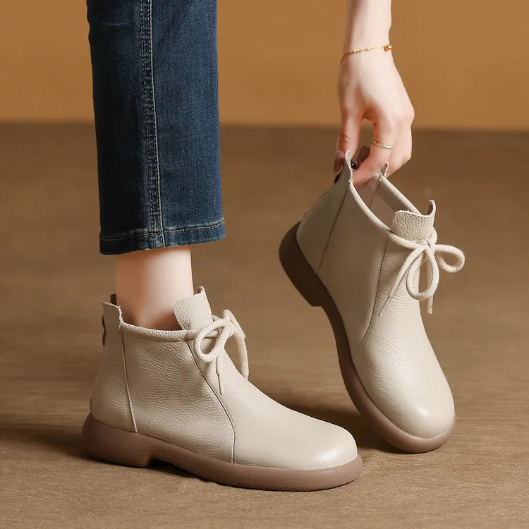 头层牛皮冬季加绒马丁靴女短靴系带软底舒适平底妈妈鞋切尔西单靴