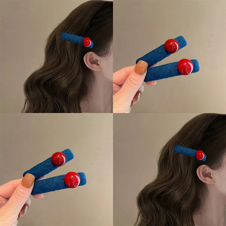 秋冬新款蓝色撞色红珠子发夹女高端发饰侧边夹对夹碎发刘海夹头饰