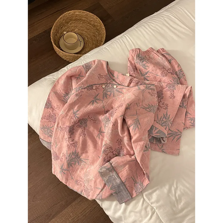 国风高雅竹林水墨印花长袖睡衣套装新中式宽松春秋新款家居服套装