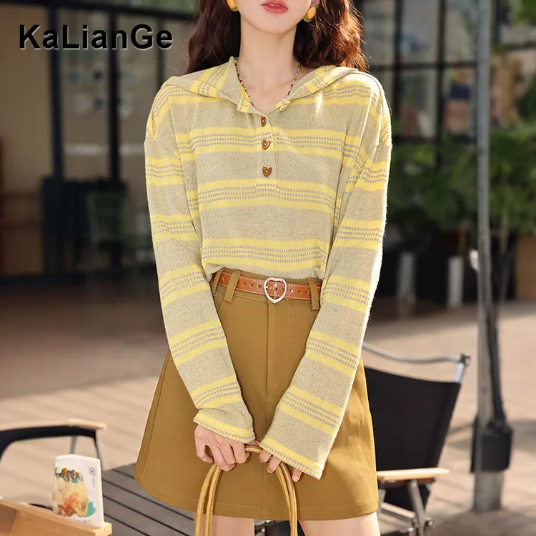 卡莲格/条纹洋气宽松长袖针织衫上衣女秋季微胖MM显瘦打底衫上衣