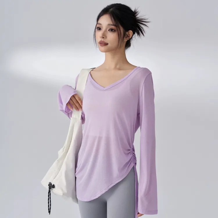 抽绳轻簿运动上衣女宽松跑步罩衫长袖女装遮臀普拉提健身瑜伽服