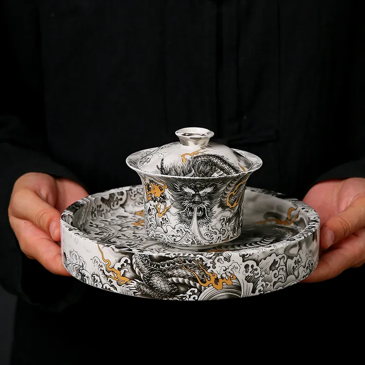 家用高档陶瓷墨龙旋转悬停盖碗泡茶碗敬茶碗茶杯送人礼品功夫茶具