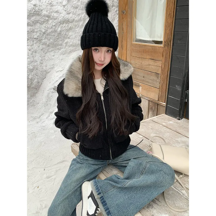 番茄妹妹Tomatosister 秋冬定染毛领小颗粒毛绒翻领单排扣外套女