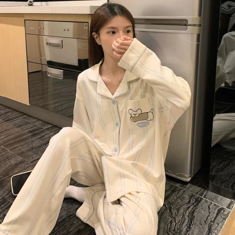 FAVMARTHA睡衣女款春秋季长袖纯棉2025年新款小狗条纹可外穿大码