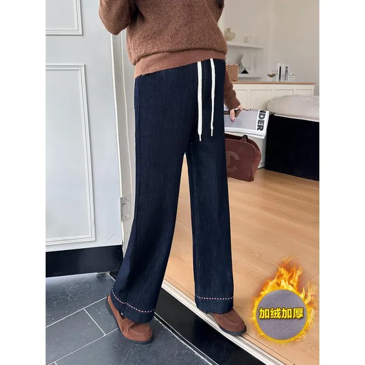 （实体店品质）孕妇牛仔冬季新款宽松版加厚加厚绒款显瘦直筒奶奶裤