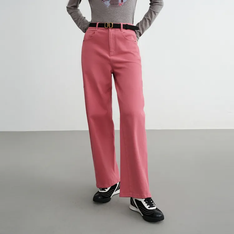 EP雅莹早秋新款女装 多巴胺粉色棉质高腰显瘦直筒牛仔裤J620A