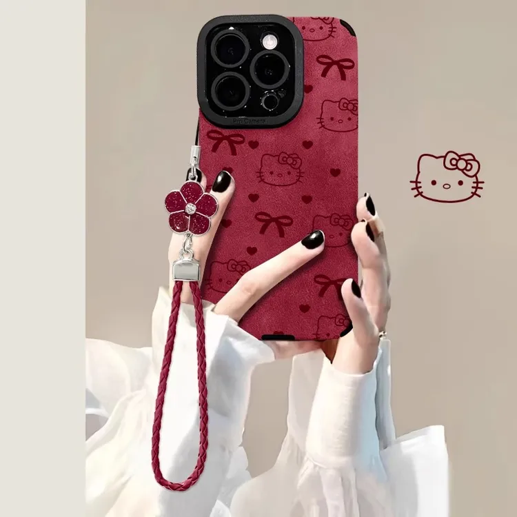 蝴蝶结kt猫手链适用苹果16翻毛皮华为高级OPPO小米VIVO手机壳新款