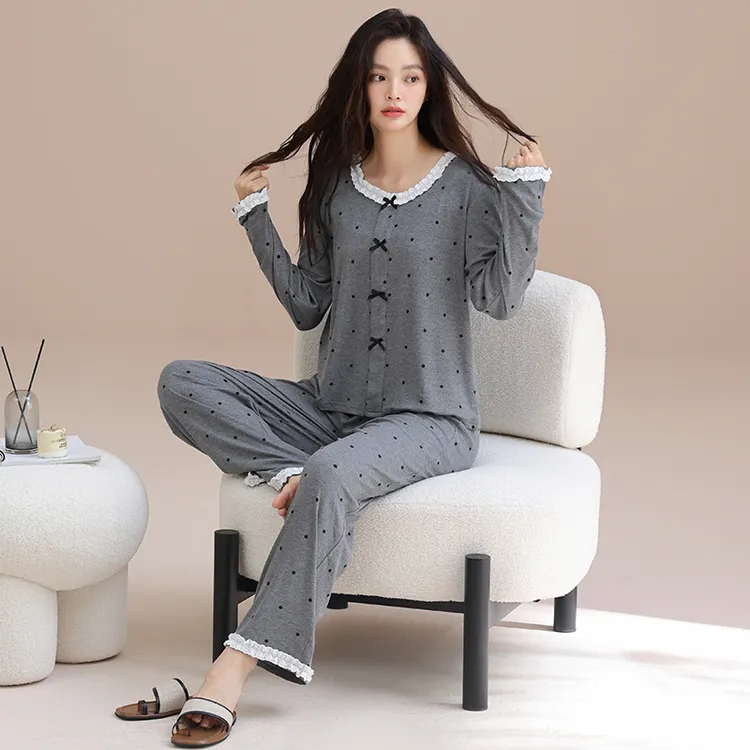 柔软美家莫代尔长袖睡衣女春秋新款带胸垫圆领可外穿甜居服套装