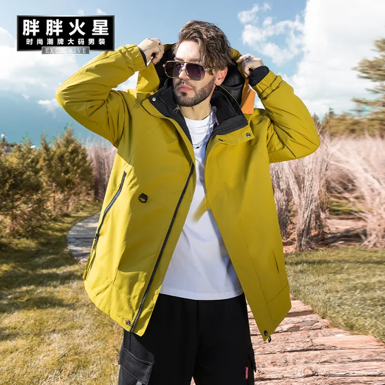 胖胖火星大码男装秋冬户外三合一冲锋衣男胖子防风可拆卸保暖外套