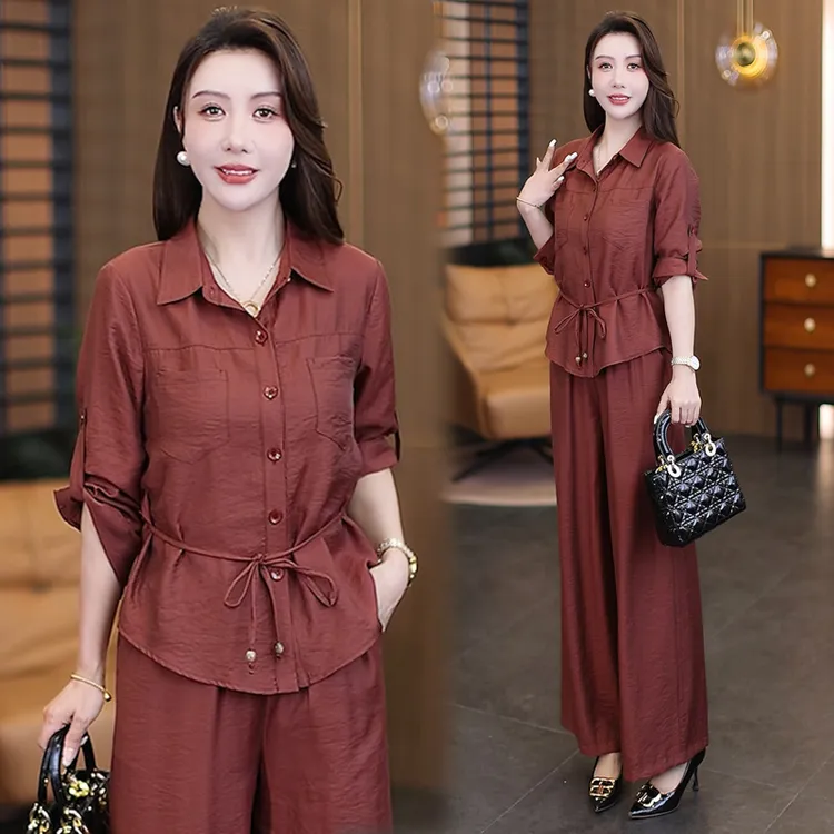 休闲风时尚套装女秋季减龄洋气百搭长袖衬衣阔腿裤宽松显瘦两件套