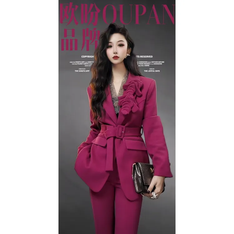 OUPAN 欧盼 深圳南油原创 立体花朵收腰西服外套阔腿裤两件套969