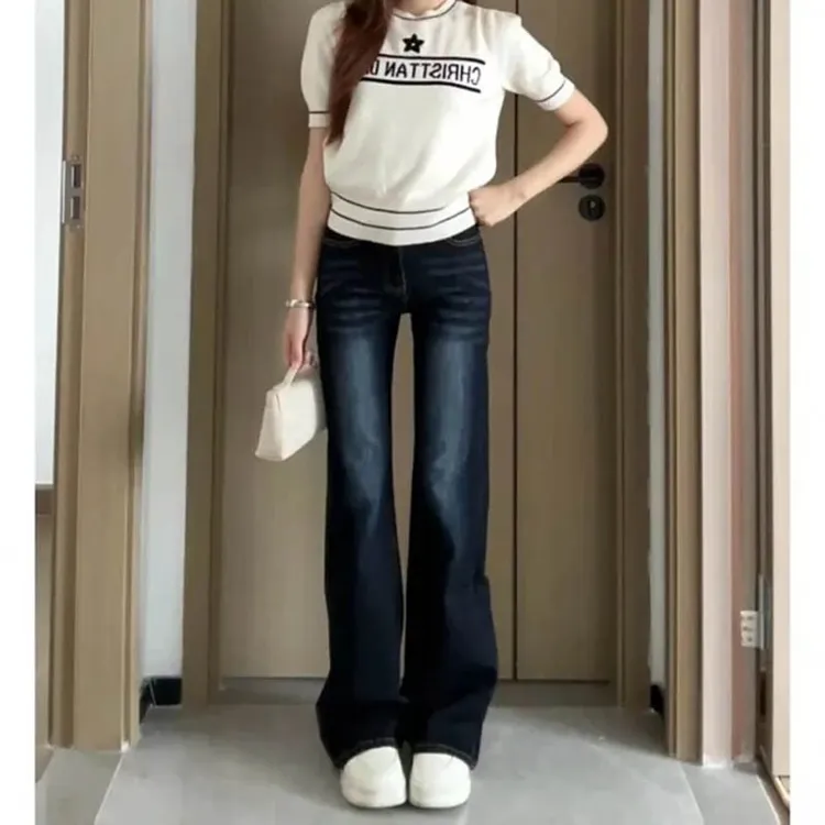 美式复古高腰微喇牛仔裤女秋季新款辣妹修身弹力不贴腿喇叭裤子潮