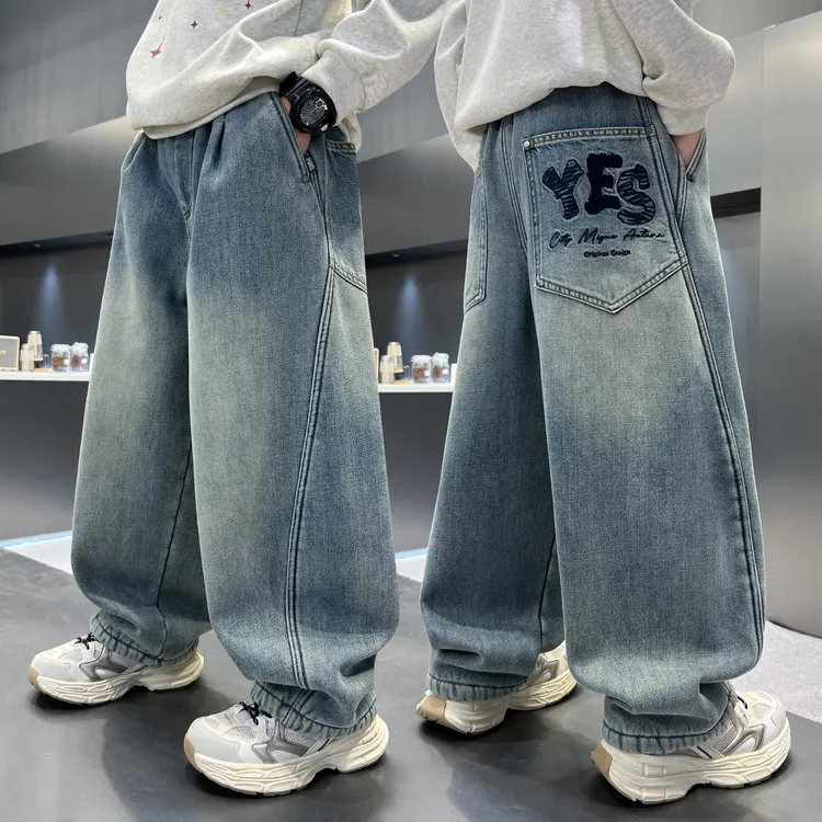 男童冬季直筒加绒牛仔裤2025新款中大儿童宽松长裤加厚羊羔绒裤子