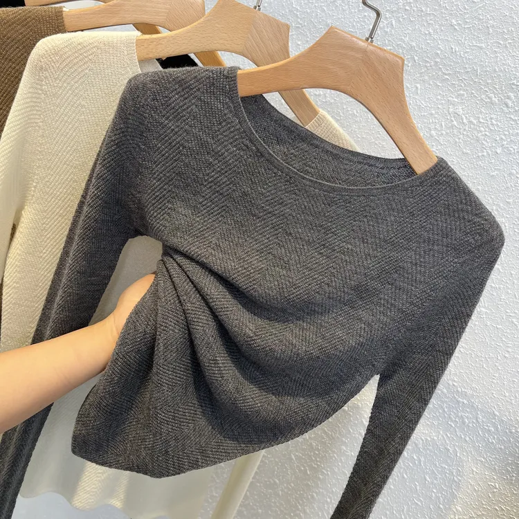 鱼骨纹【100%精纺羊毛衫】秋冬新款轻奢一字圆领长袖无缝修身打底衫