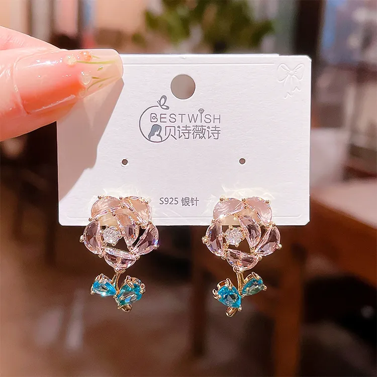 925银针微镶锆石气质耳钉女小众设计高级感玫瑰花耳饰通勤风耳坠